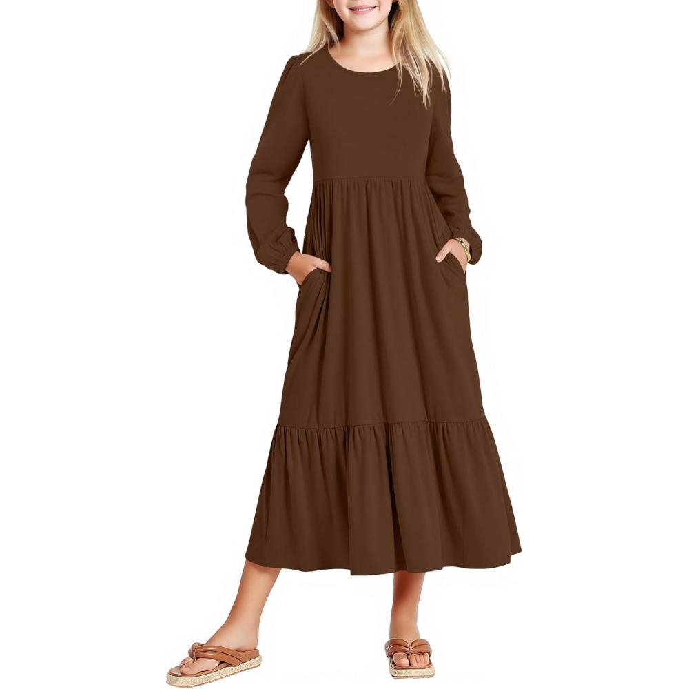 imageArshiner Girls Maxi Dresses Lantern Long Sleeve Casual Holiday Dress with Pockets for 514 YBrown