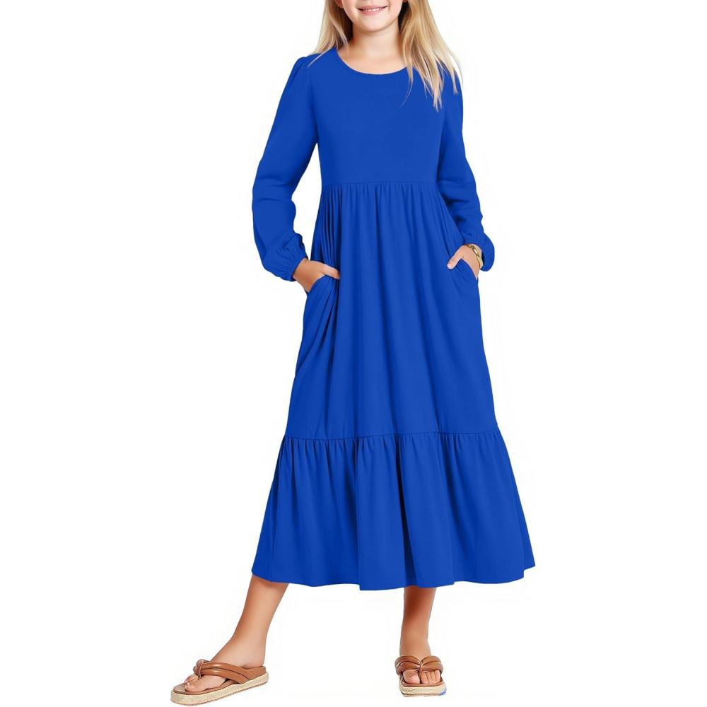 imageArshiner Girls Maxi Dresses Lantern Long Sleeve Casual Holiday Dress with Pockets for 514 YDeep Blue