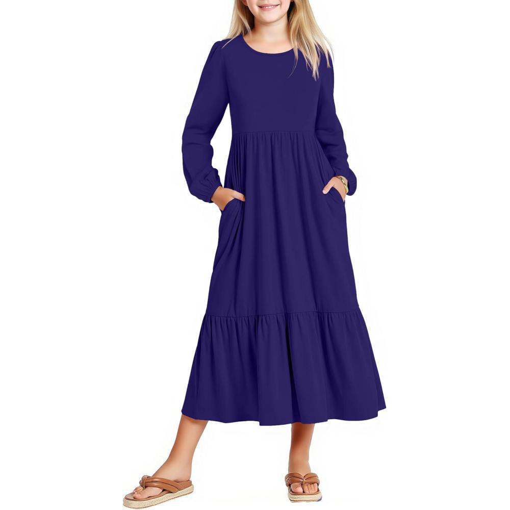 imageArshiner Girls Maxi Dresses Lantern Long Sleeve Casual Holiday Dress with Pockets for 514 YNavy Blue