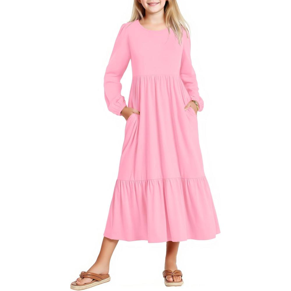 imageArshiner Girls Maxi Dresses Lantern Long Sleeve Casual Holiday Dress with Pockets for 514 YPink