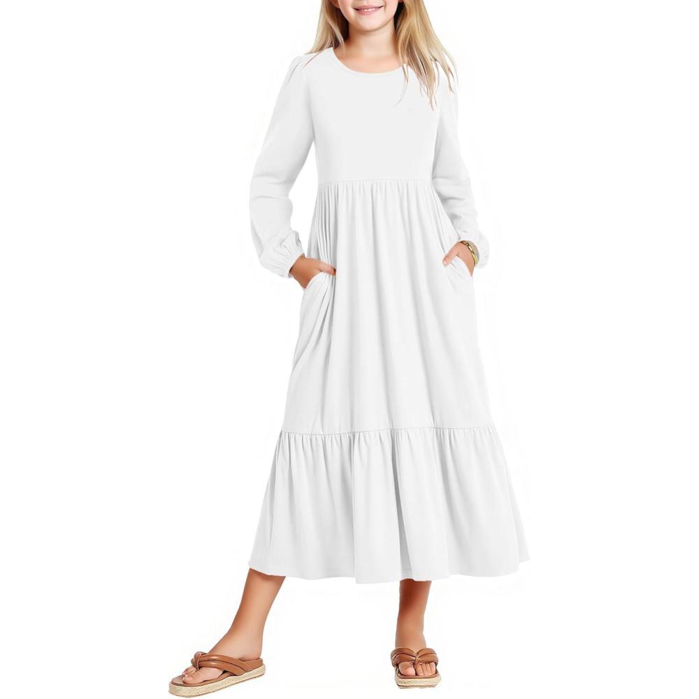 imageArshiner Girls Maxi Dresses Lantern Long Sleeve Casual Holiday Dress with Pockets for 514 YWhite