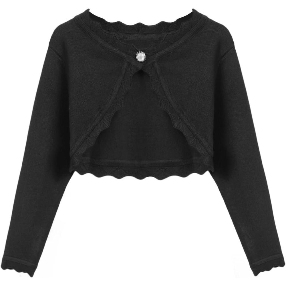 imageArshiner Girls Open Front Bolero Shrug Kids Long Sleeve Cropped Elegant Cardigan Knit SweaterBlack