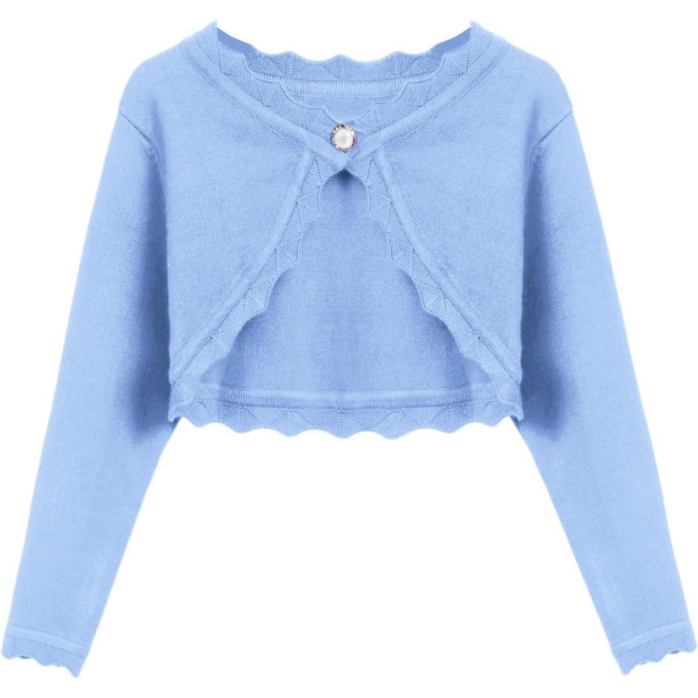 imageArshiner Girls Open Front Bolero Shrug Kids Long Sleeve Cropped Elegant Cardigan Knit SweaterClear Blue