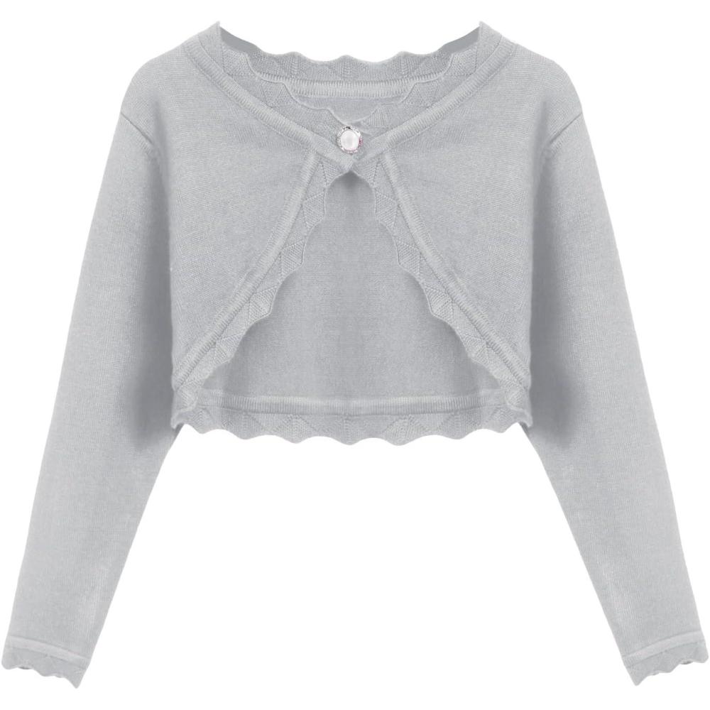 imageArshiner Girls Open Front Bolero Shrug Kids Long Sleeve Cropped Elegant Cardigan Knit SweaterLight Grey