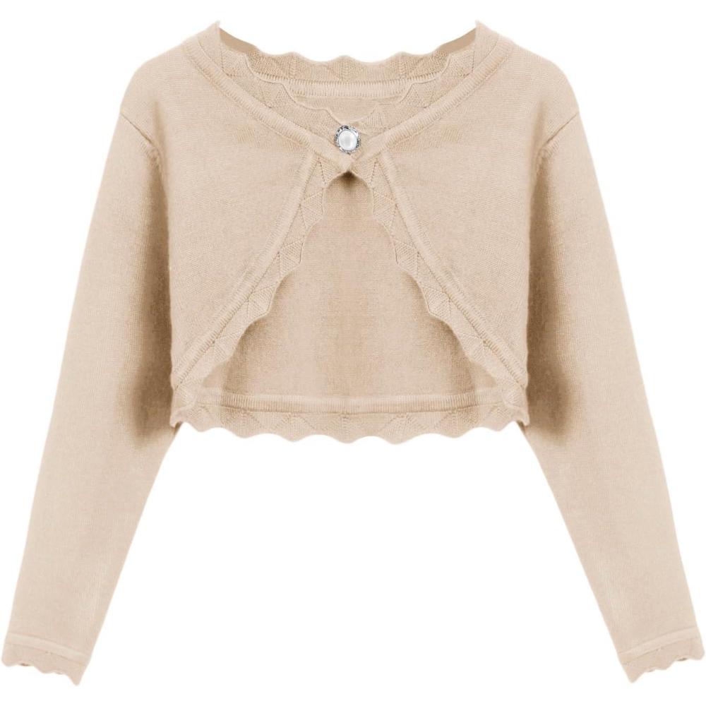 imageArshiner Girls Open Front Bolero Shrug Kids Long Sleeve Cropped Elegant Cardigan Knit SweaterLight Khaki