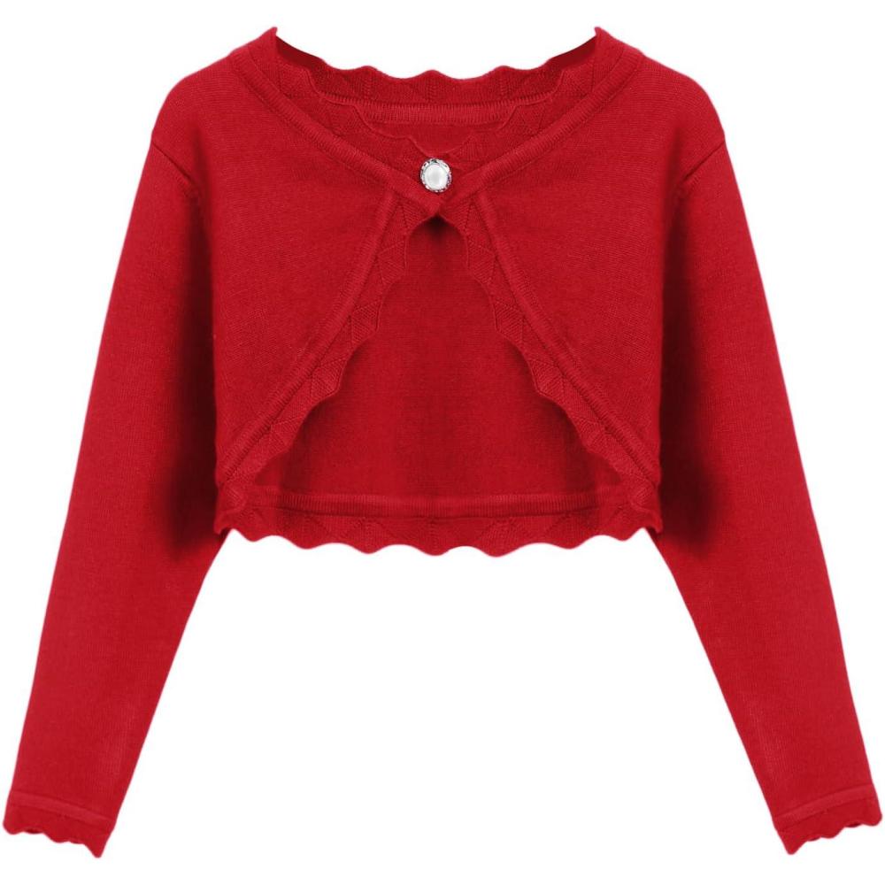imageArshiner Girls Open Front Bolero Shrug Kids Long Sleeve Cropped Elegant Cardigan Knit SweaterRed