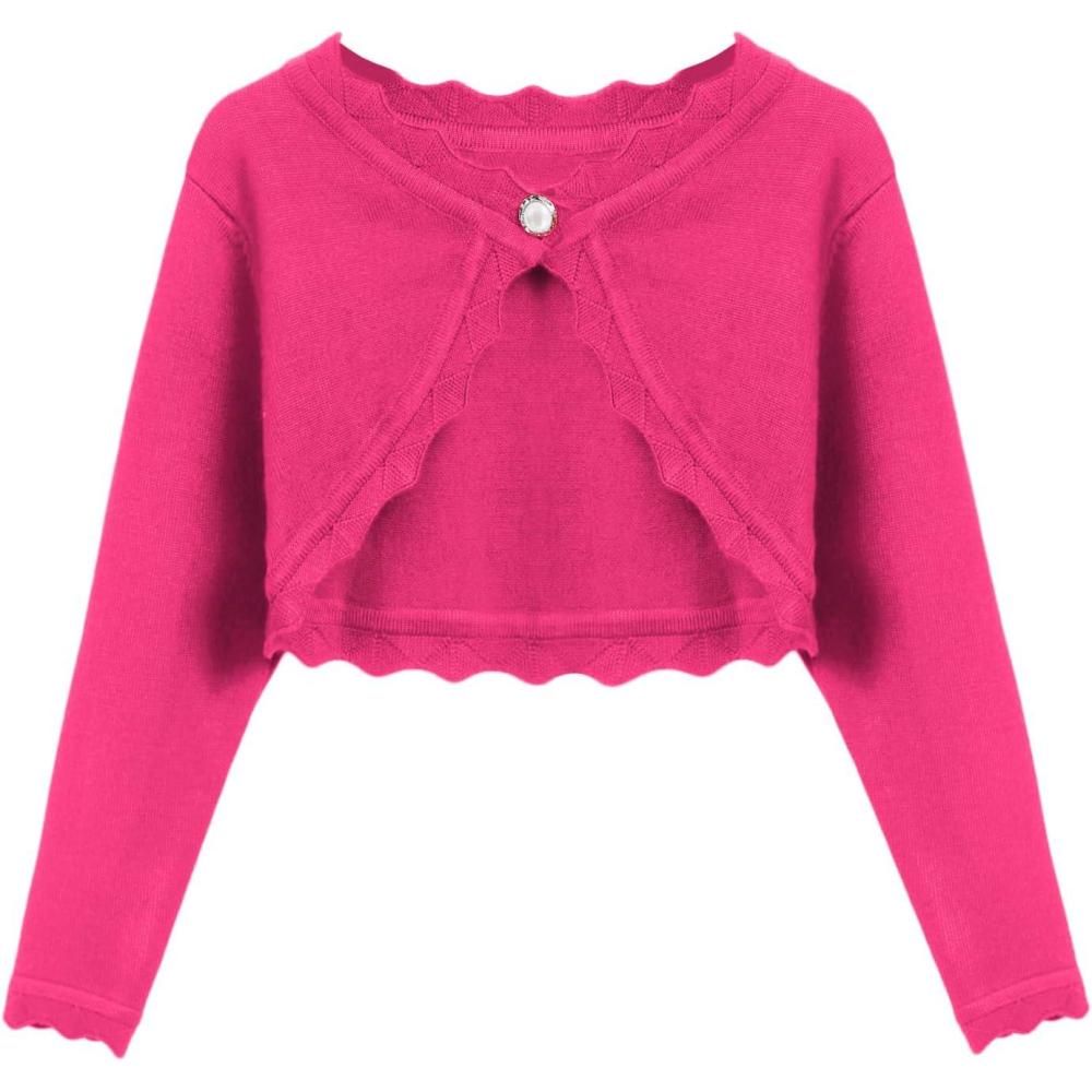 imageArshiner Girls Open Front Bolero Shrug Kids Long Sleeve Cropped Elegant Cardigan Knit SweaterRose Red