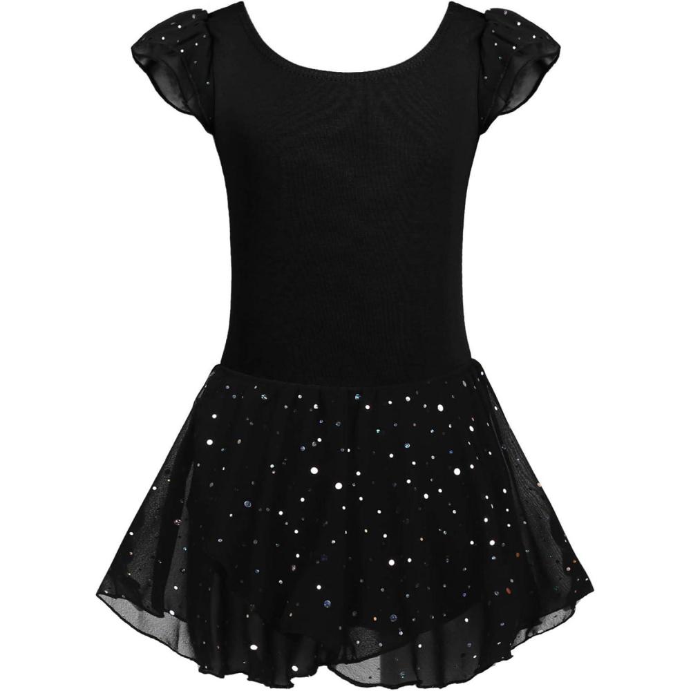 imageArshiner Girls Ruffle Sleeve Ballet Dance Dress Tutu Skirted LeotardBlack