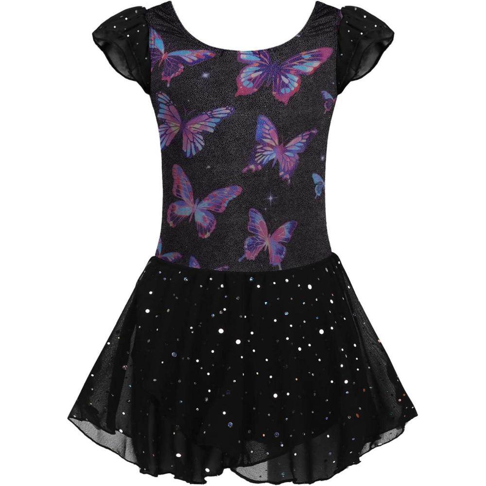 imageArshiner Girls Ruffle Sleeve Ballet Dance Dress Tutu Skirted LeotardButterfly Black