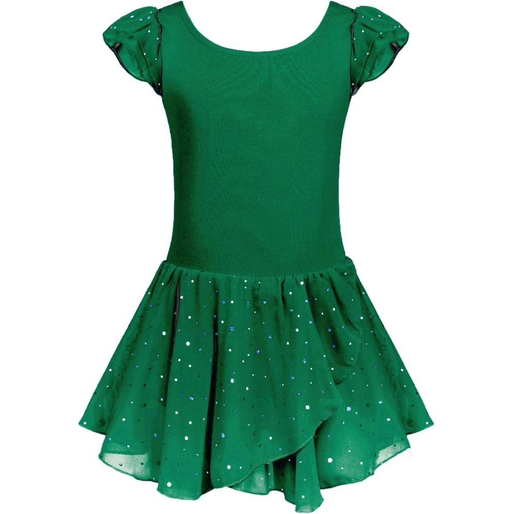 imageArshiner Girls Ruffle Sleeve Ballet Dance Dress Tutu Skirted LeotardGreen