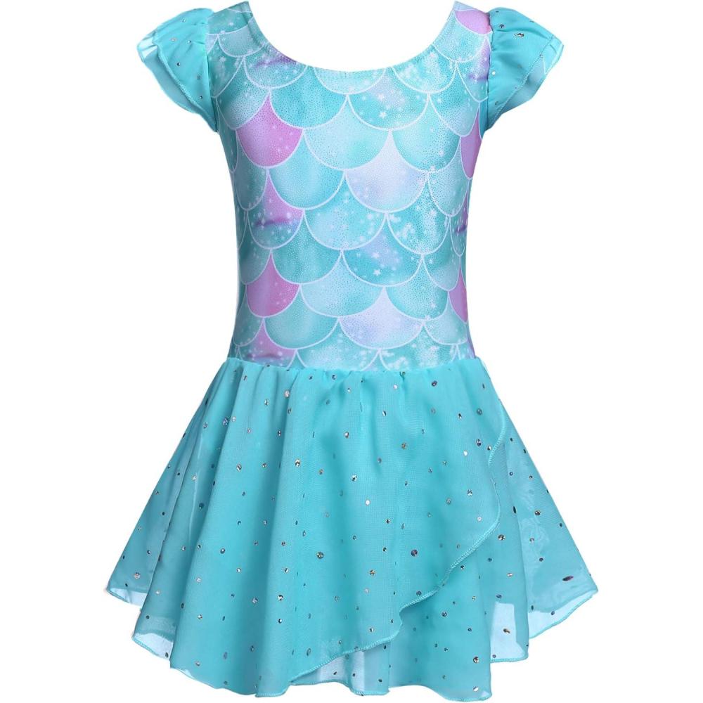 imageArshiner Girls Ruffle Sleeve Ballet Dance Dress Tutu Skirted LeotardGreen Mermaid
