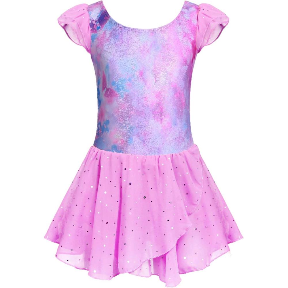 imageArshiner Girls Ruffle Sleeve Ballet Dance Dress Tutu Skirted LeotardPink Butterfly