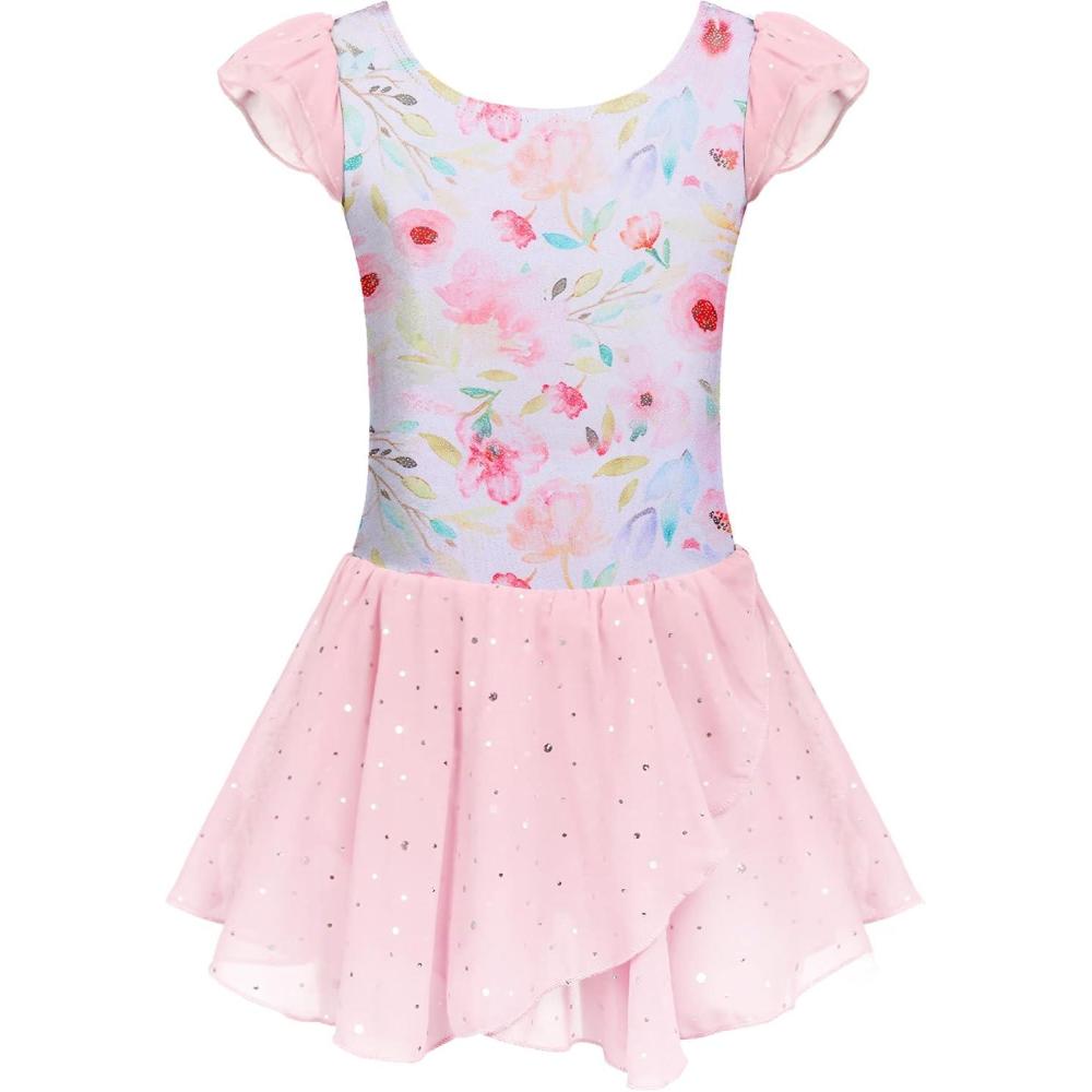 imageArshiner Girls Ruffle Sleeve Ballet Dance Dress Tutu Skirted LeotardPink Floral