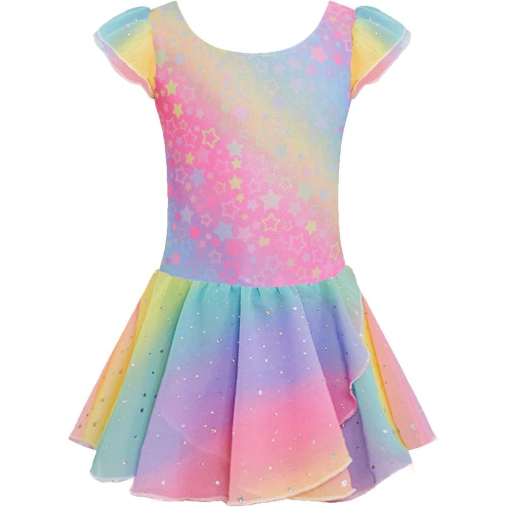 imageArshiner Girls Ruffle Sleeve Ballet Dance Dress Tutu Skirted LeotardRainbow Star