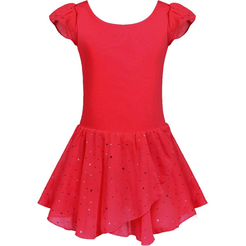 imageArshiner Girls Ruffle Sleeve Ballet Dance Dress Tutu Skirted LeotardRed
