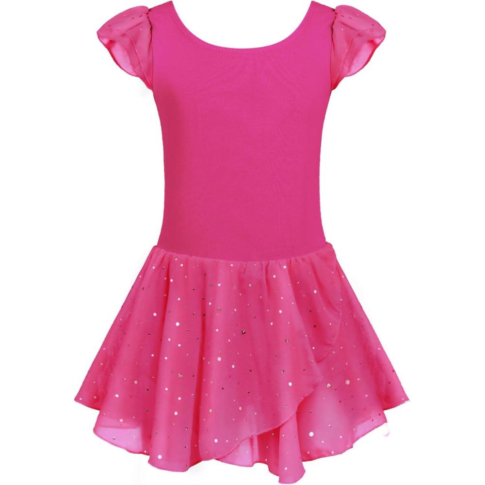 imageArshiner Girls Ruffle Sleeve Ballet Dance Dress Tutu Skirted LeotardRose Red