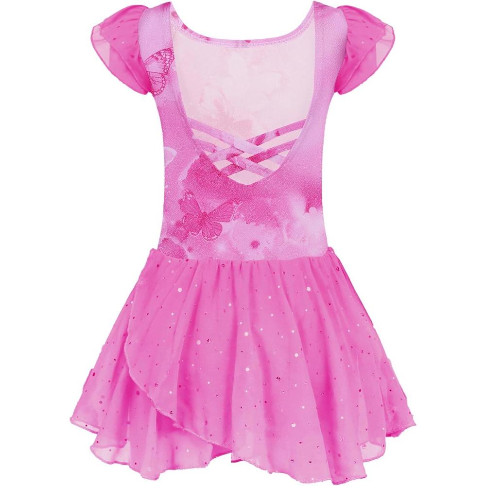 imageArshiner Girls Ruffle Sleeve Ballet Dance Dress Tutu Skirted LeotardRose Red Butterfly