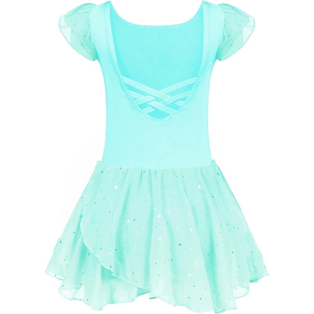 imageArshiner Girls Ruffle Sleeve Ballet Dance Dress Tutu Skirted LeotardZaqua Green