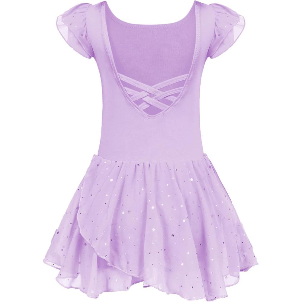 imageArshiner Girls Ruffle Sleeve Ballet Dance Dress Tutu Skirted LeotardZlilac
