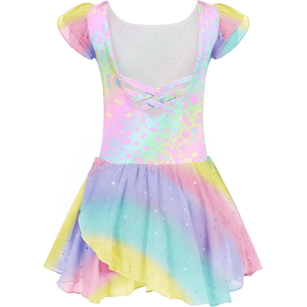 imageArshiner Girls Ruffle Sleeve Ballet Dance Dress Tutu Skirted LeotardZrainbow Leopard