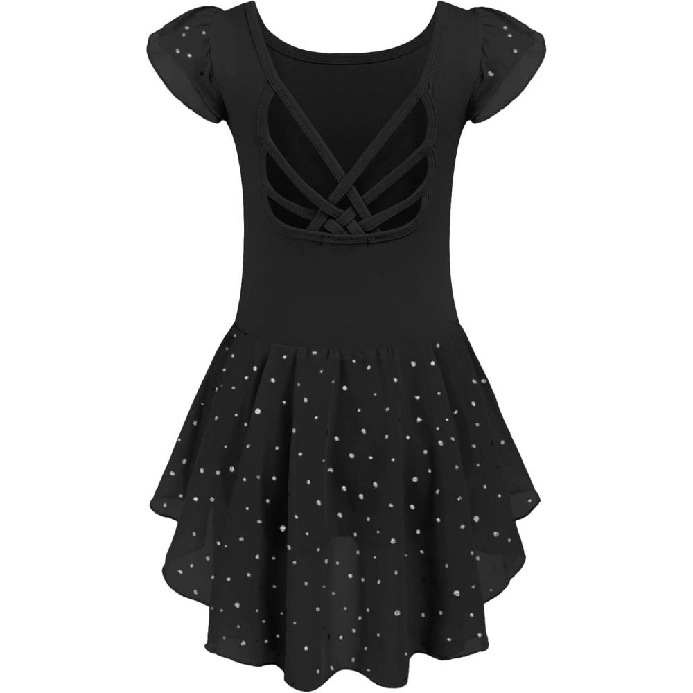 imageArshiner Girls Shiny Ruffle Sleeve Ballet Leotard with Skirt CrissCross Back Dance DressesBlack