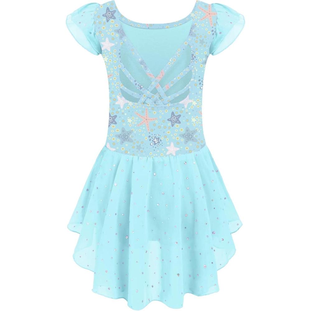 imageArshiner Girls Shiny Ruffle Sleeve Ballet Leotard with Skirt CrissCross Back Dance DressesBlue Ocean