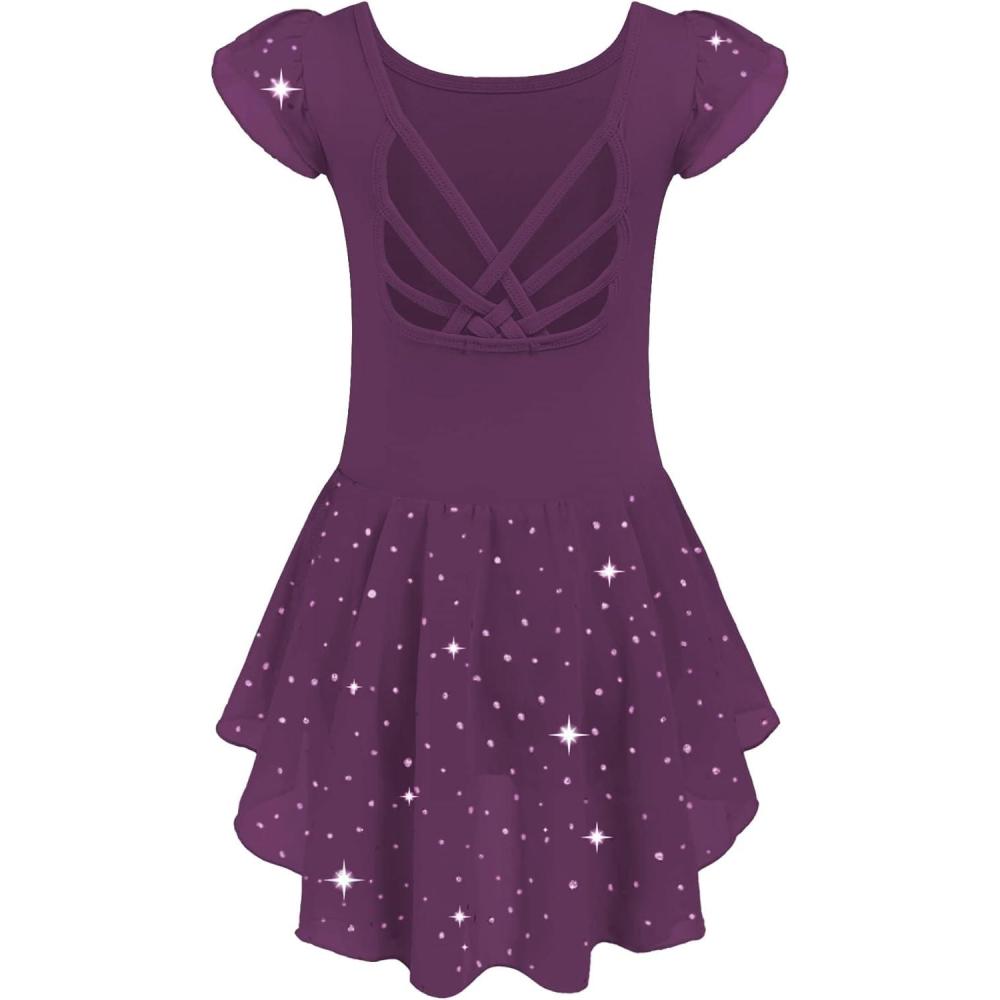 imageArshiner Girls Shiny Ruffle Sleeve Ballet Leotard with Skirt CrissCross Back Dance DressesDark Purple