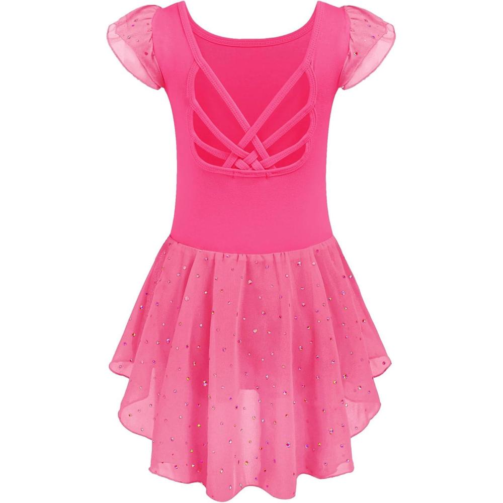 imageArshiner Girls Shiny Ruffle Sleeve Ballet Leotard with Skirt CrissCross Back Dance DressesHot Pink