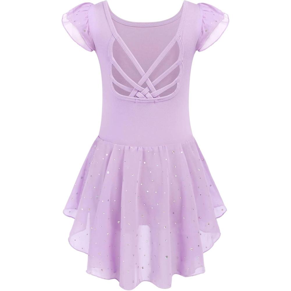 imageArshiner Girls Shiny Ruffle Sleeve Ballet Leotard with Skirt CrissCross Back Dance DressesLilac