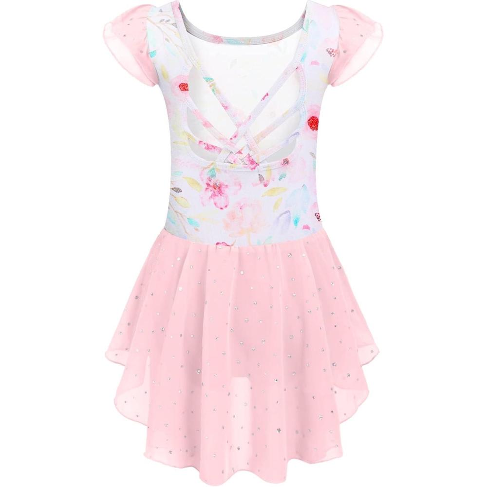 imageArshiner Girls Shiny Ruffle Sleeve Ballet Leotard with Skirt CrissCross Back Dance DressesPink Floral