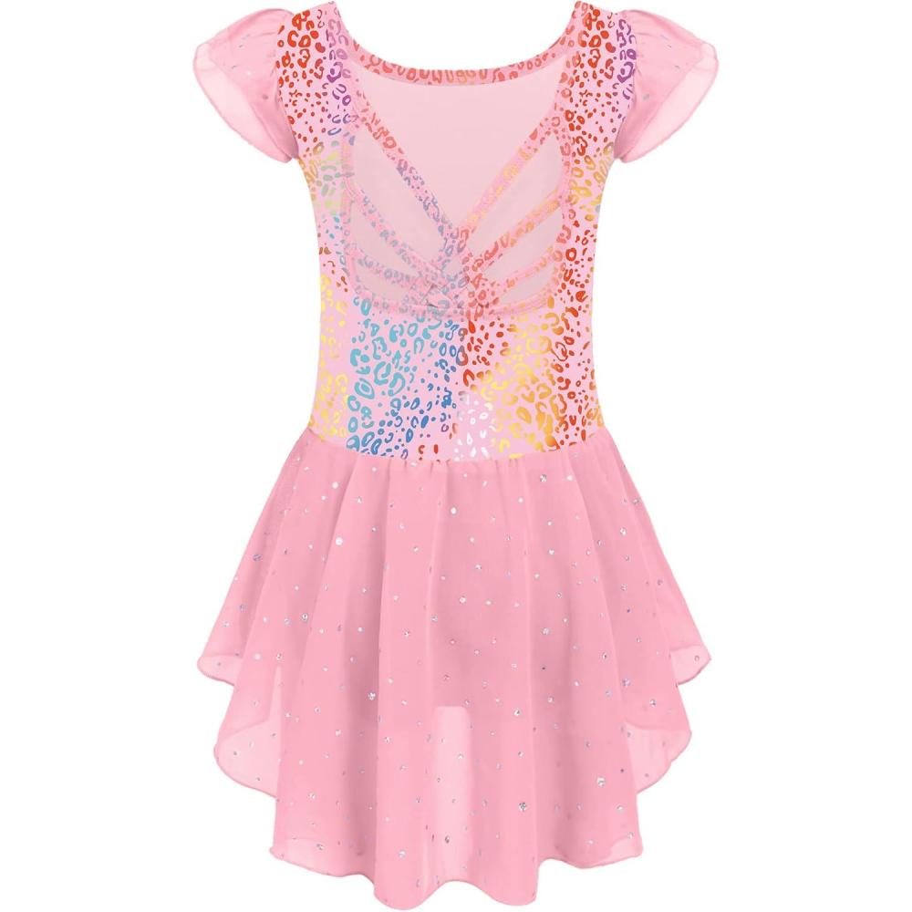 imageArshiner Girls Shiny Ruffle Sleeve Ballet Leotard with Skirt CrissCross Back Dance DressesPink Leopard