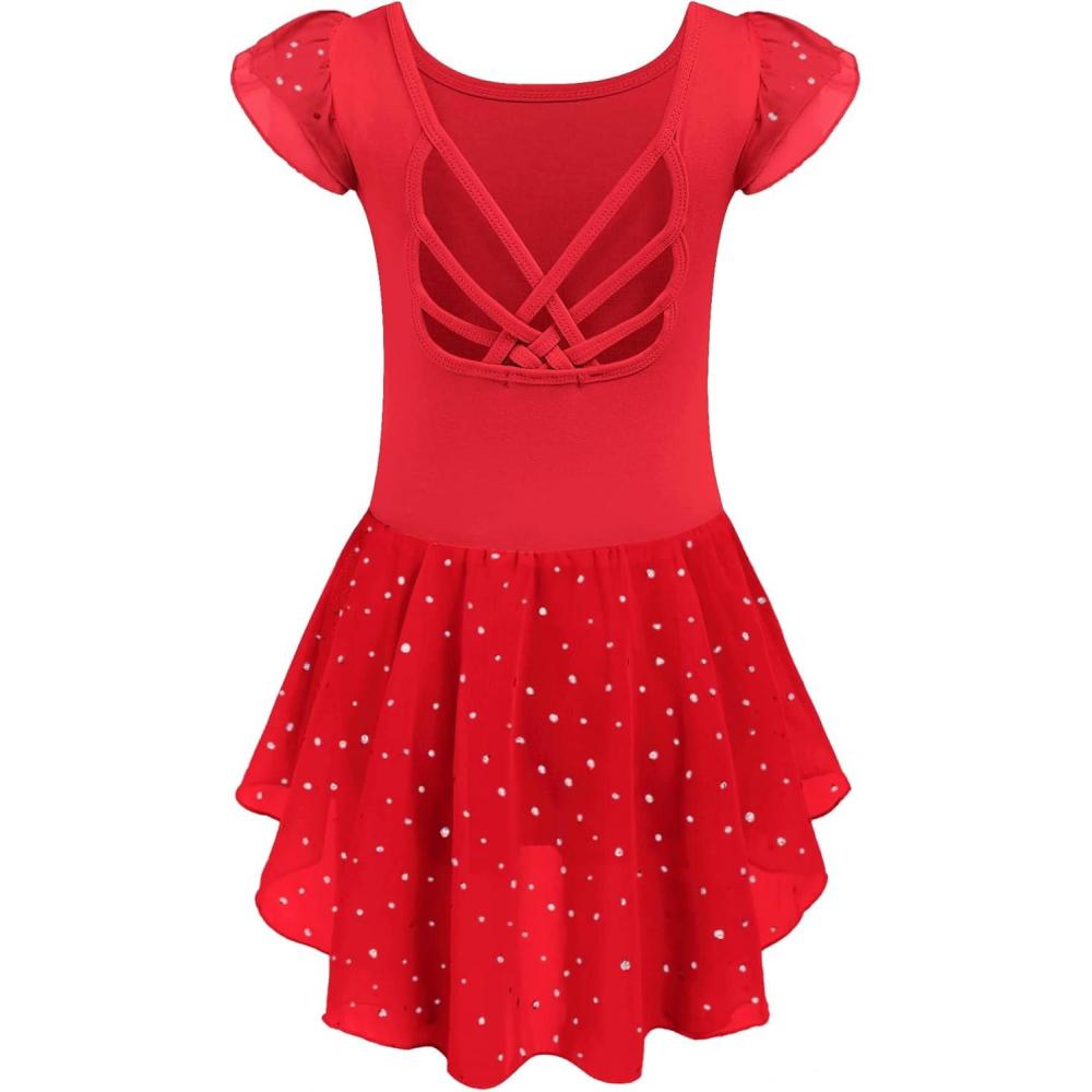imageArshiner Girls Shiny Ruffle Sleeve Ballet Leotard with Skirt CrissCross Back Dance DressesRed