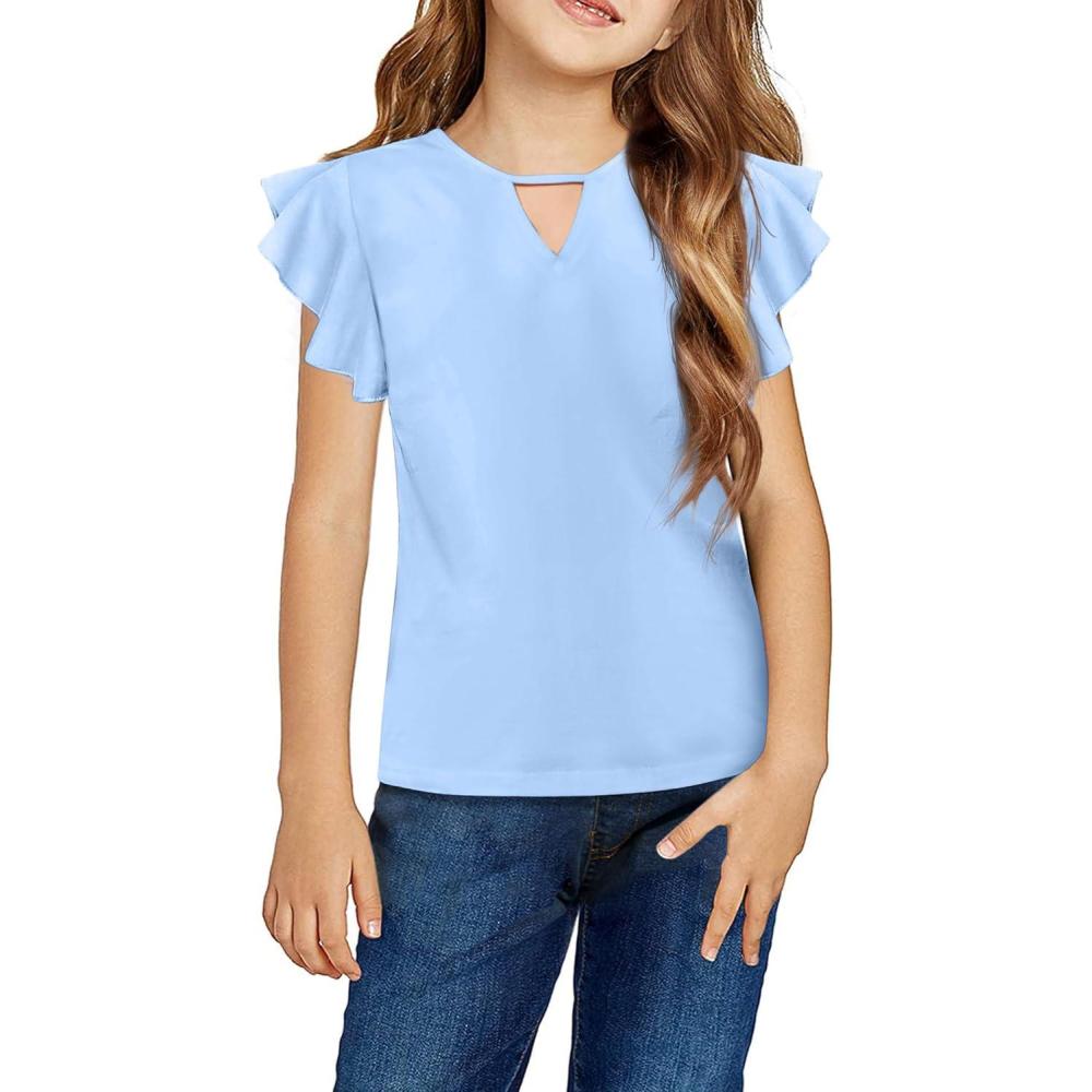 imageArshiner Girls Shirts Short Sleeve Tee Ruffle Solid Summer Keyhole Neck Cotton Blouse TopsLight Blue