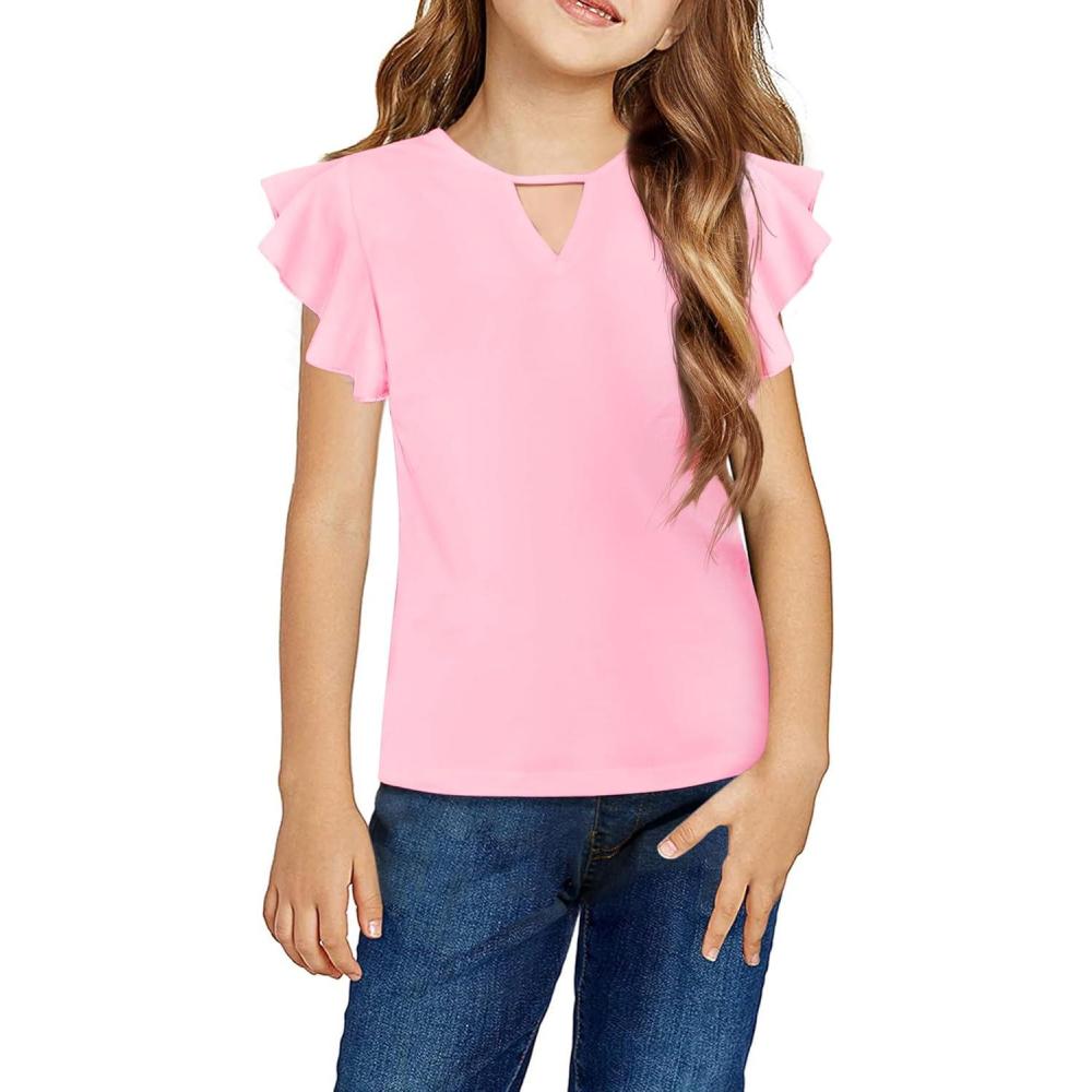 imageArshiner Girls Shirts Short Sleeve Tee Ruffle Solid Summer Keyhole Neck Cotton Blouse TopsLight Pink