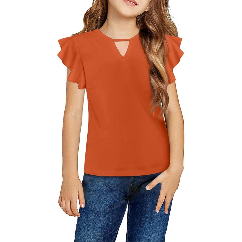 imageArshiner Girls Shirts Short Sleeve Tee Ruffle Solid Summer Keyhole Neck Cotton Blouse TopsOrange