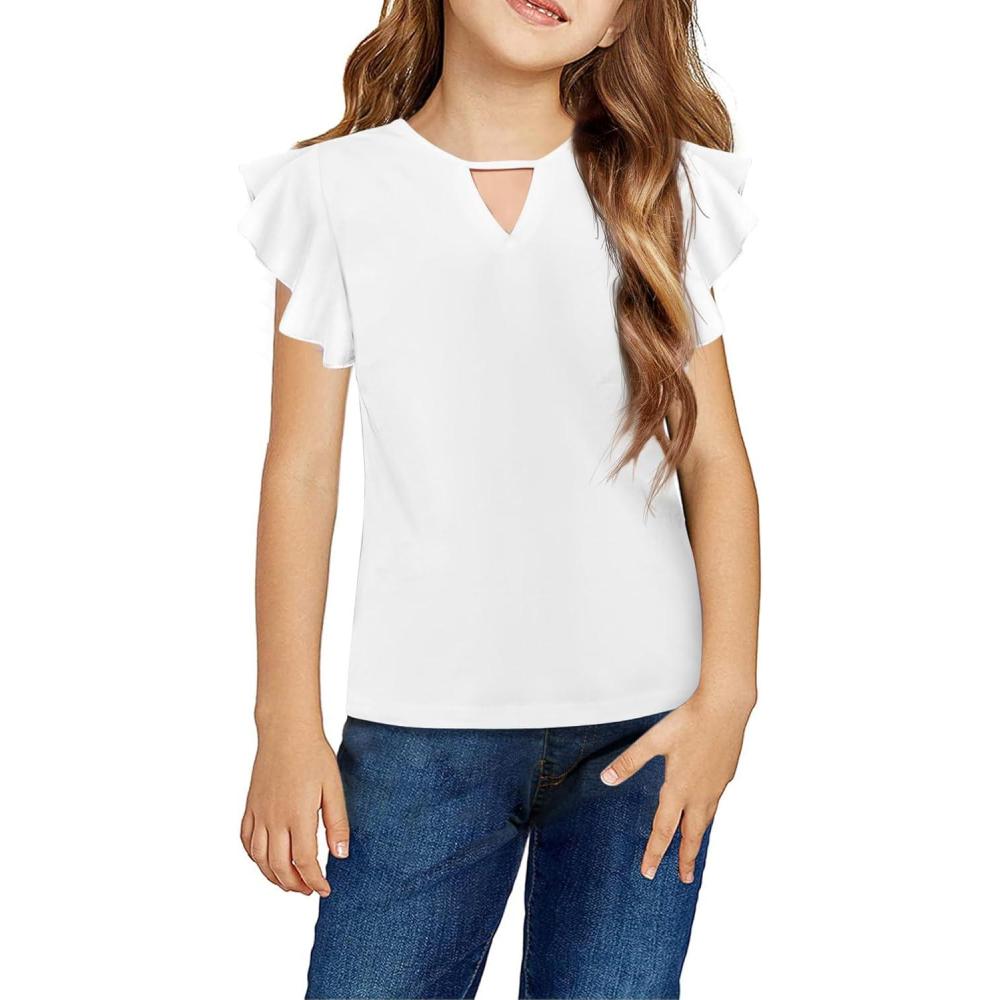 imageArshiner Girls Shirts Short Sleeve Tee Ruffle Solid Summer Keyhole Neck Cotton Blouse TopsWhite