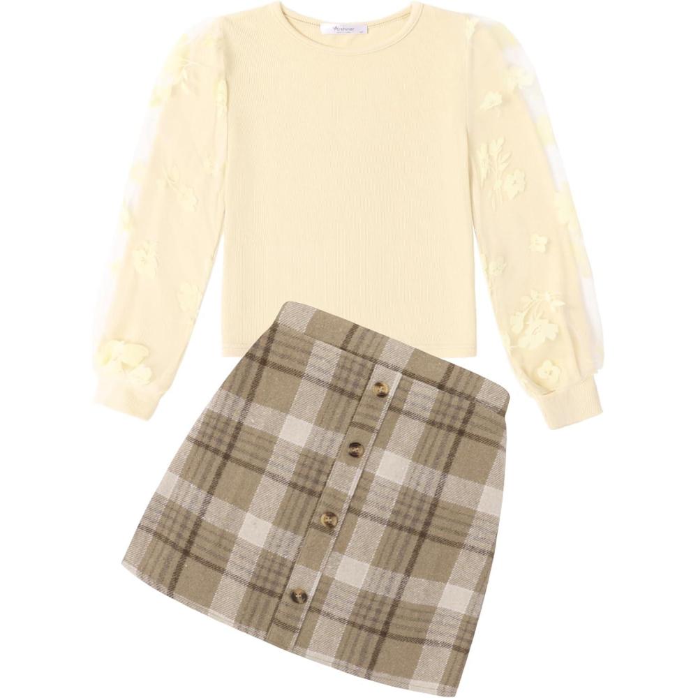 imageArshiner Girls Skirt Sets Casual Fall Outfits Corduroy Skirt and Long Sleeve Rib Knit Shirt Tops Trendy 2 Piece ClothesBeigeplaid Brown