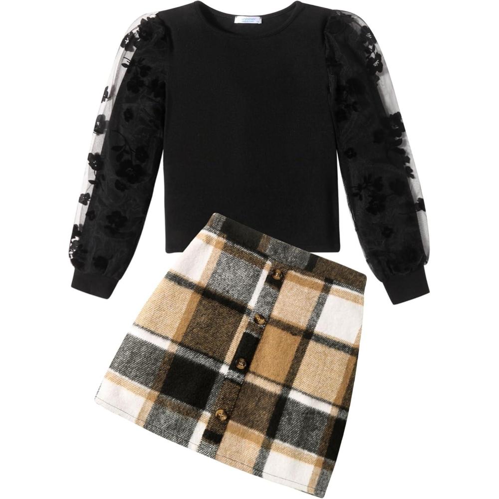 imageArshiner Girls Skirt Sets Casual Fall Outfits Corduroy Skirt and Long Sleeve Rib Knit Shirt Tops Trendy 2 Piece ClothesBlackbrown