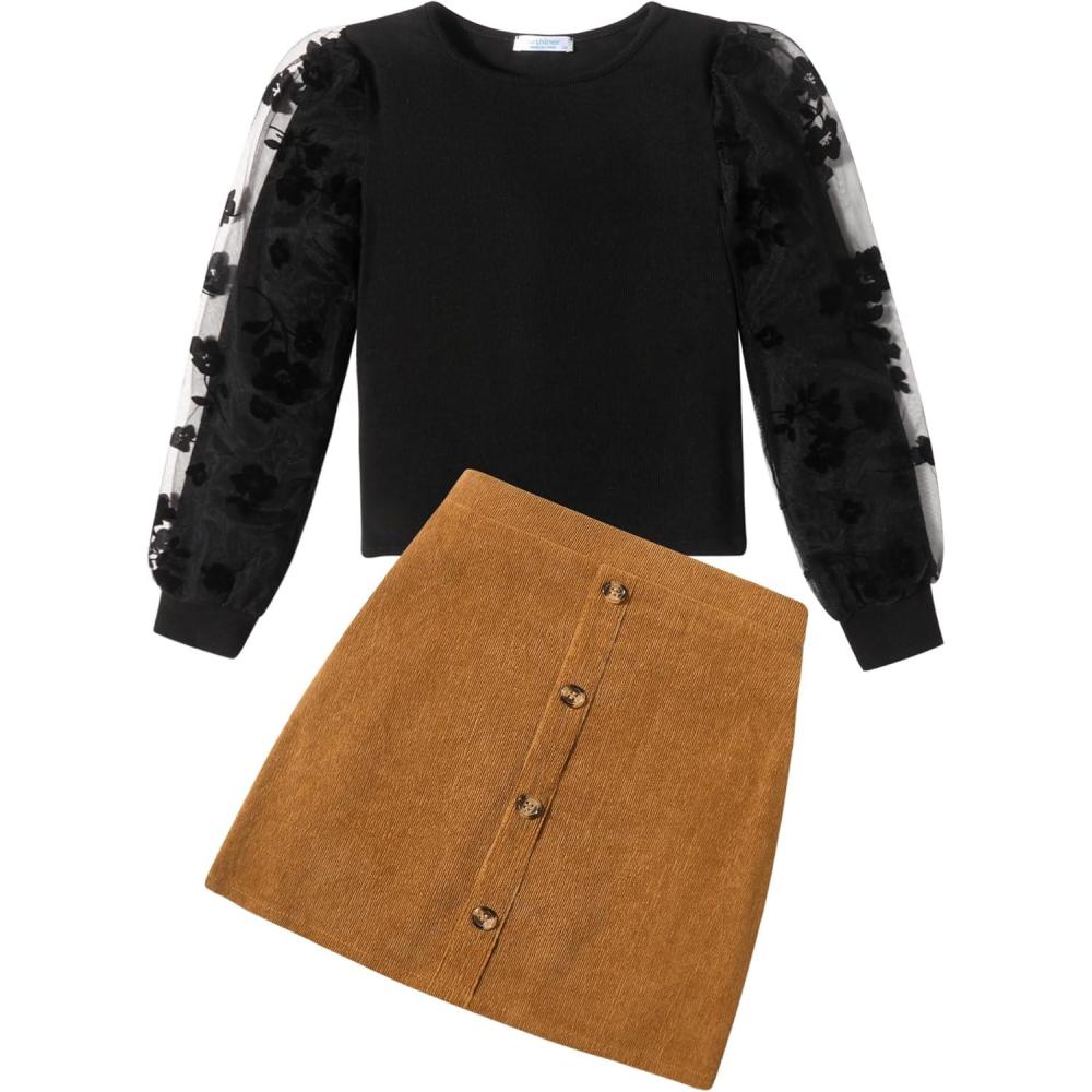 imageArshiner Girls Skirt Sets Casual Fall Outfits Corduroy Skirt and Long Sleeve Rib Knit Shirt Tops Trendy 2 Piece ClothesBlackcorduroy Brown