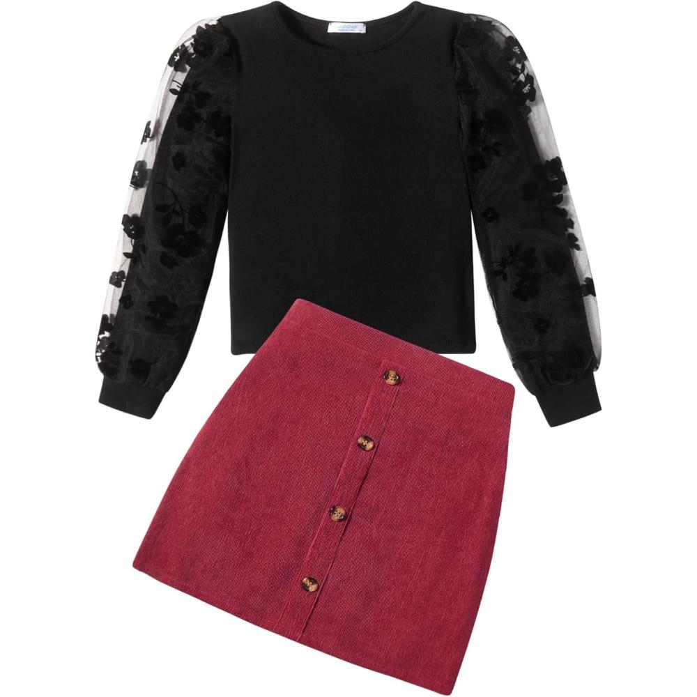 imageArshiner Girls Skirt Sets Casual Fall Outfits Corduroy Skirt and Long Sleeve Rib Knit Shirt Tops Trendy 2 Piece ClothesBlackcorduroy Red