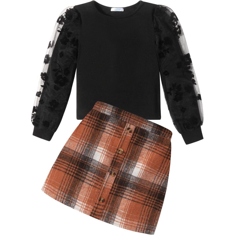 imageArshiner Girls Skirt Sets Casual Fall Outfits Corduroy Skirt and Long Sleeve Rib Knit Shirt Tops Trendy 2 Piece ClothesBlackorange