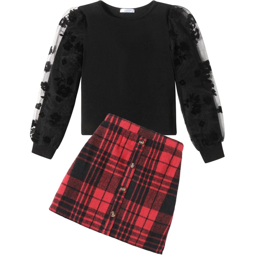 imageArshiner Girls Skirt Sets Casual Fall Outfits Corduroy Skirt and Long Sleeve Rib Knit Shirt Tops Trendy 2 Piece ClothesBlackred Black