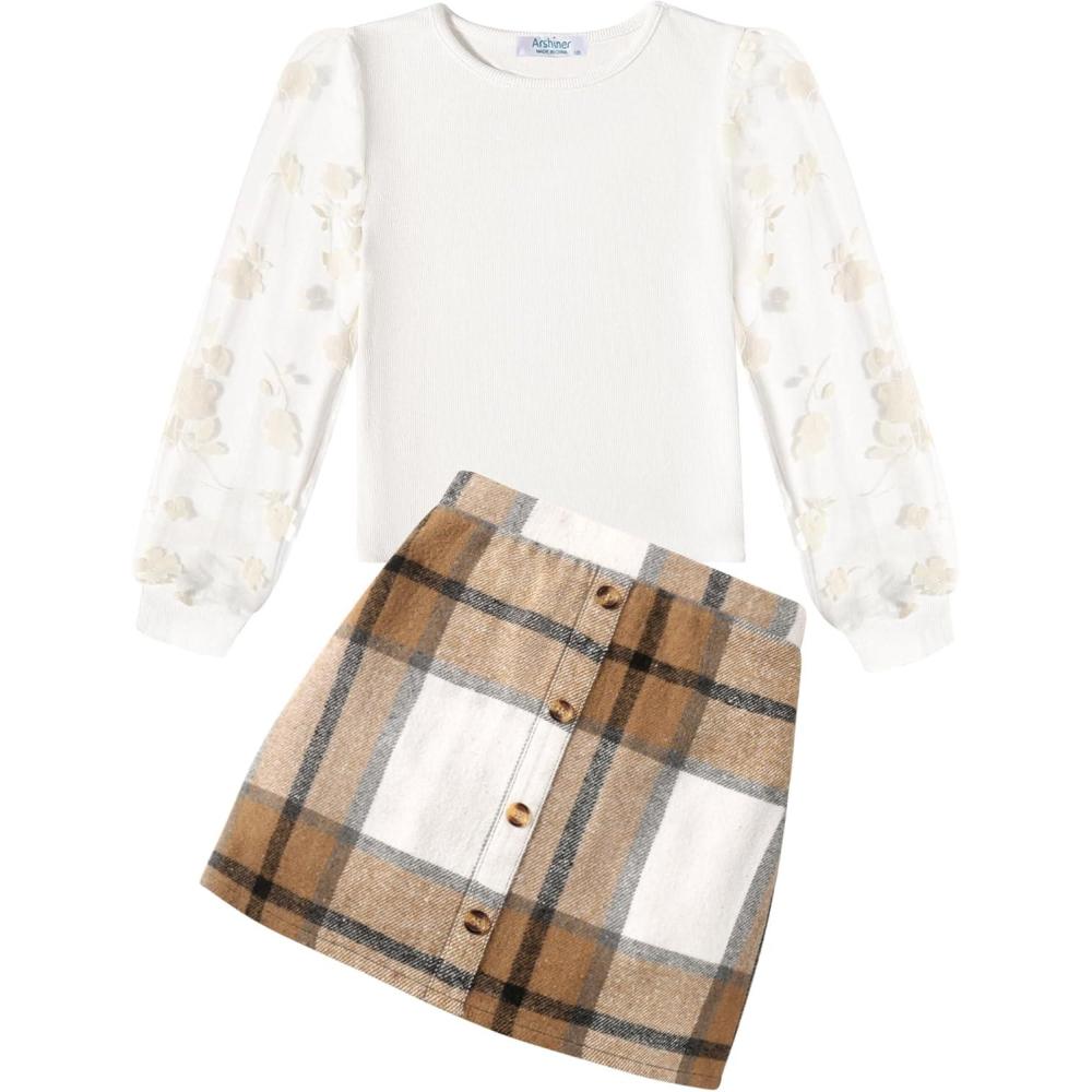 imageArshiner Girls Skirt Sets Casual Fall Outfits Corduroy Skirt and Long Sleeve Rib Knit Shirt Tops Trendy 2 Piece ClothesBrownbeige