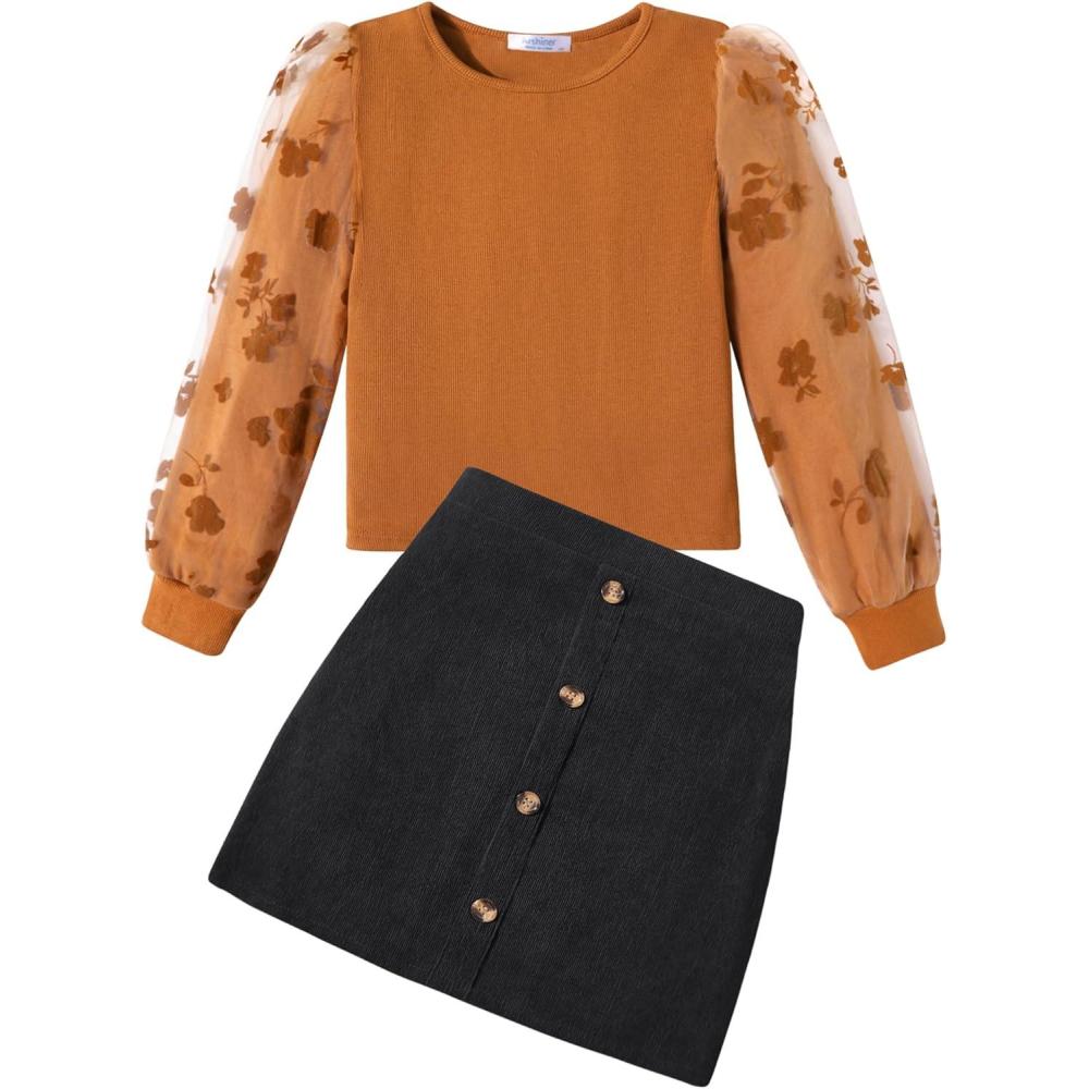imageArshiner Girls Skirt Sets Casual Fall Outfits Corduroy Skirt and Long Sleeve Rib Knit Shirt Tops Trendy 2 Piece ClothesCaramelblack
