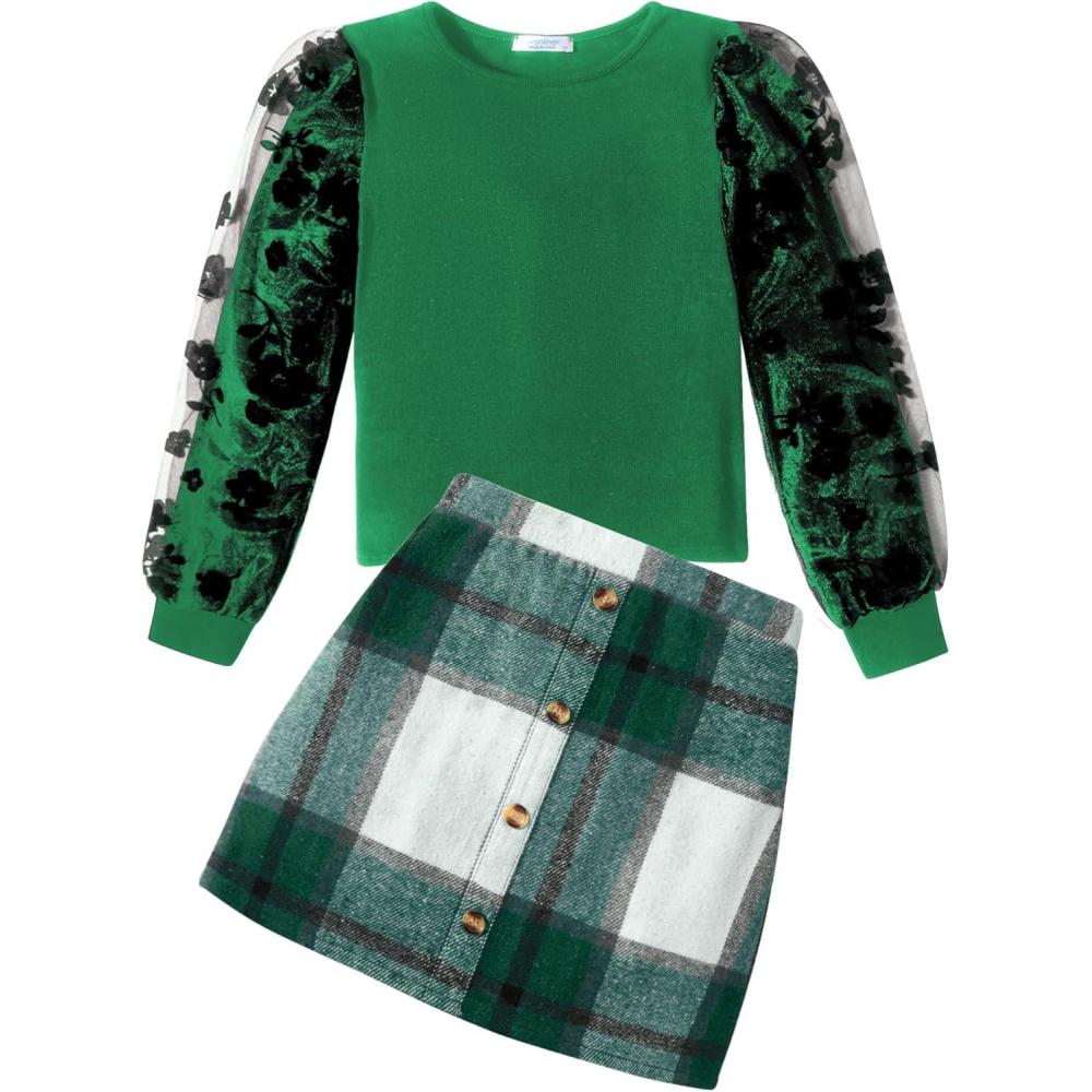imageArshiner Girls Skirt Sets Casual Fall Outfits Corduroy Skirt and Long Sleeve Rib Knit Shirt Tops Trendy 2 Piece ClothesGreen Plaid