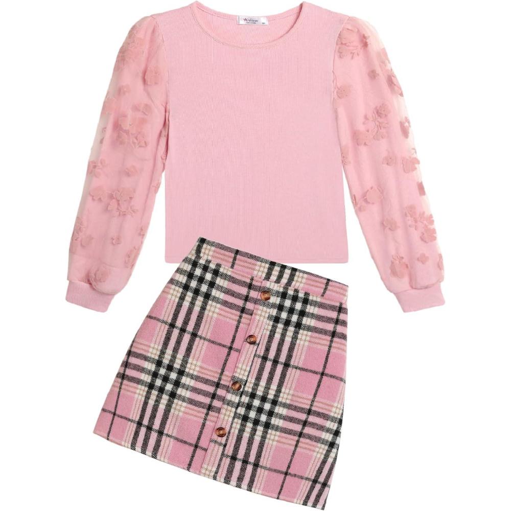 imageArshiner Girls Skirt Sets Casual Fall Outfits Corduroy Skirt and Long Sleeve Rib Knit Shirt Tops Trendy 2 Piece ClothesPinkpink Black