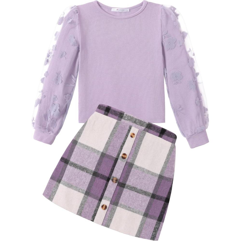 imageArshiner Girls Skirt Sets Casual Fall Outfits Corduroy Skirt and Long Sleeve Rib Knit Shirt Tops Trendy 2 Piece ClothesPurple Plaid