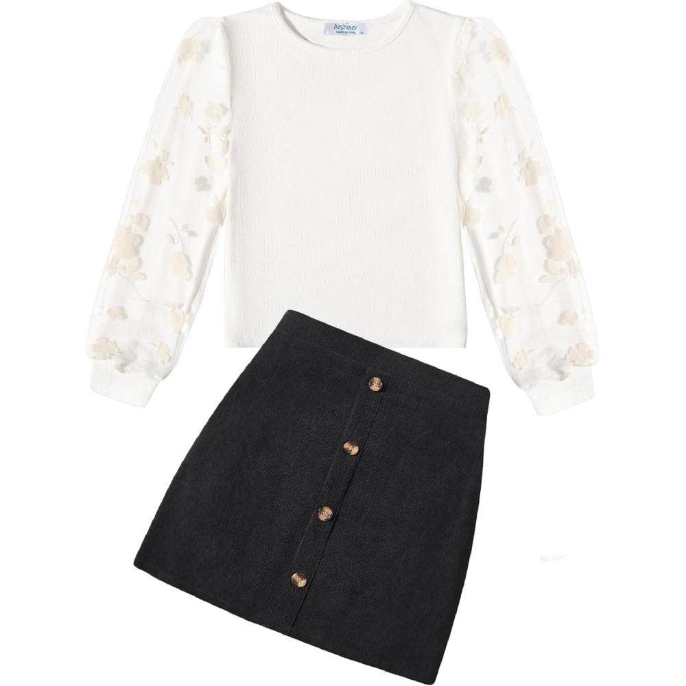 imageArshiner Girls Skirt Sets Casual Fall Outfits Corduroy Skirt and Long Sleeve Rib Knit Shirt Tops Trendy 2 Piece ClothesWhiteblack