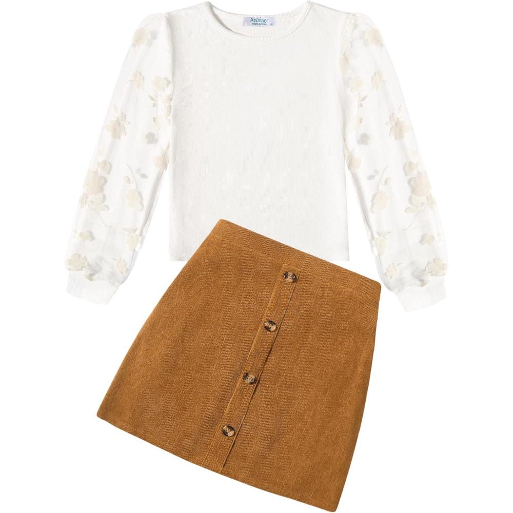 imageArshiner Girls Skirt Sets Casual Fall Outfits Corduroy Skirt and Long Sleeve Rib Knit Shirt Tops Trendy 2 Piece ClothesWhitebrown