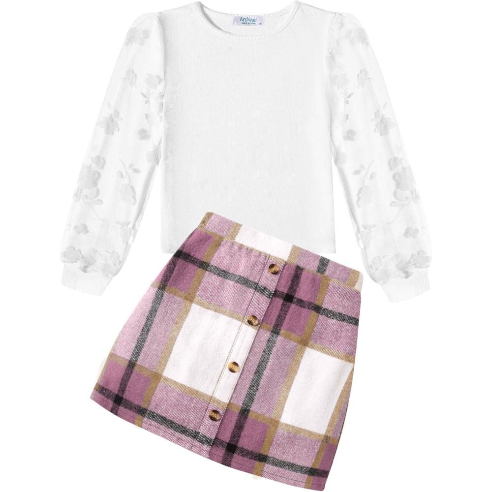 imageArshiner Girls Skirt Sets Casual Fall Outfits Corduroy Skirt and Long Sleeve Rib Knit Shirt Tops Trendy 2 Piece ClothesWhitepink Plaid